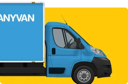 Image of a blue branded AnyVan van showing that they offer a man and van service