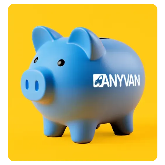 Hucha azul con el logotipo de AnyVan impreso.