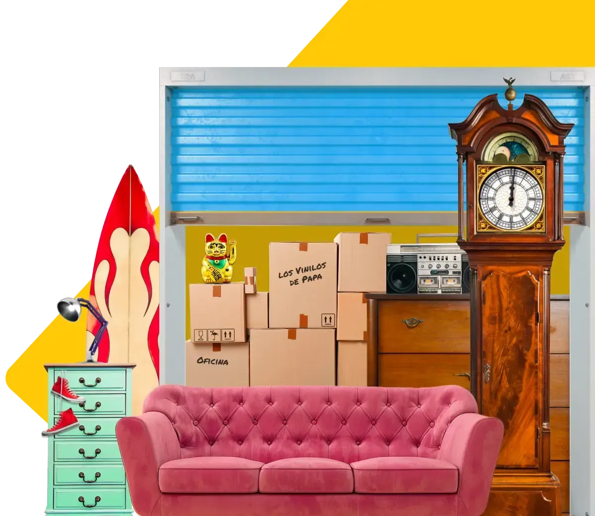 AnyVan storage unit with boxes, sofa, grandfather clock showing a flexible storage solution
