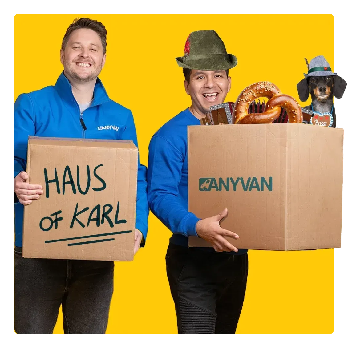 Image of two AnyVan removal men showing that they do moves to Germany. One man is holding a box with German items.