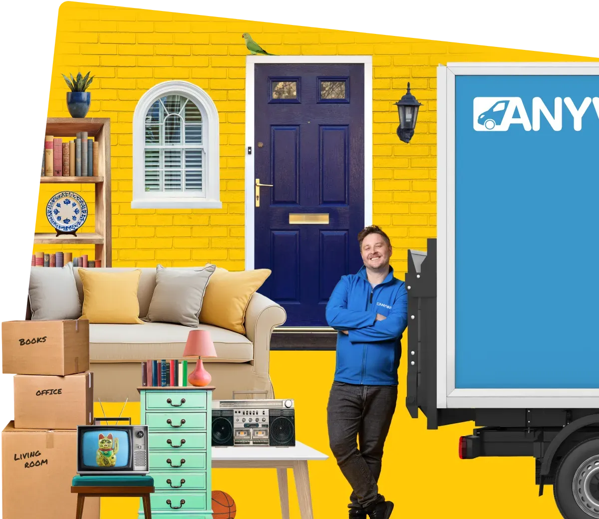 Van with a couch, bookcase, retro pink lamp and yellow anyvan square background