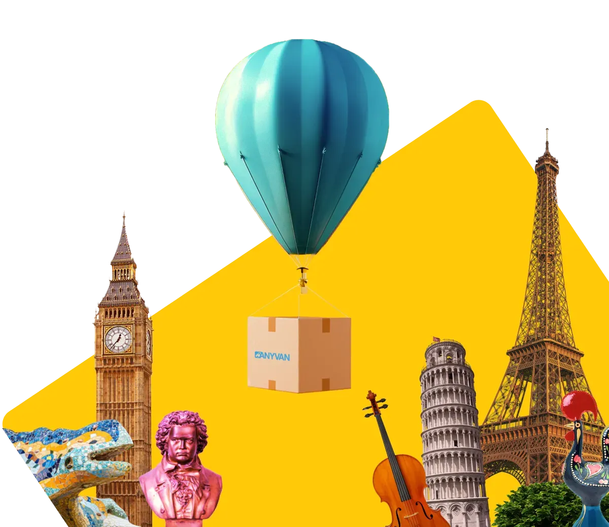 Image of a hot air balloon flying between key European landmarks, including the Eiffel Tower and Big Ben, showing that AnyVan do international removals