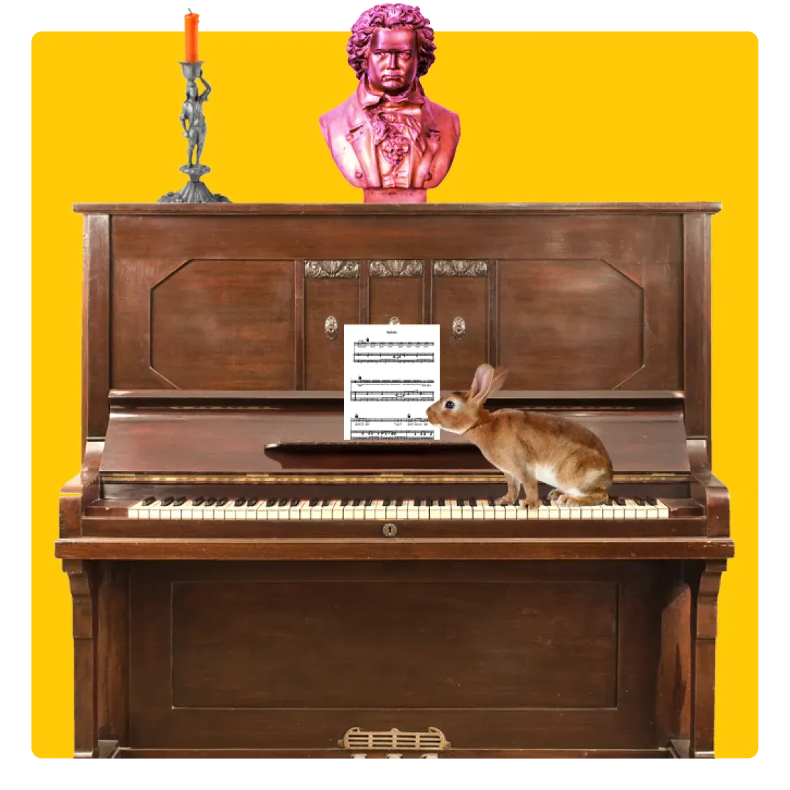 Funny image of a piano with quirky objects. There