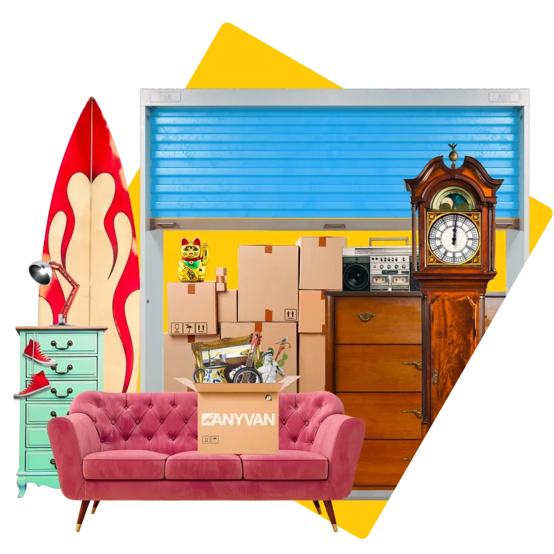 Image of a storage unit with lots of quirky items inside, including a pink sofa  