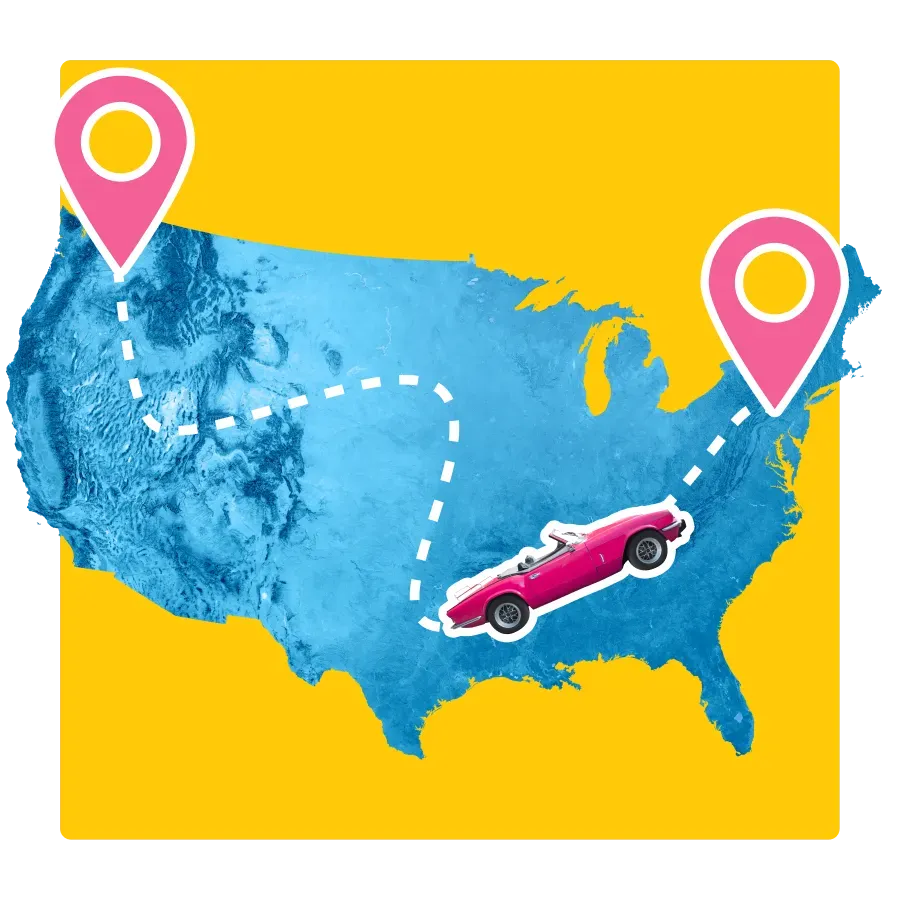 AnyVan graphic of a U.S. map showing a coast-to-coast car shipping route with dotted lines, two location pins, and a pink convertible in transit.
