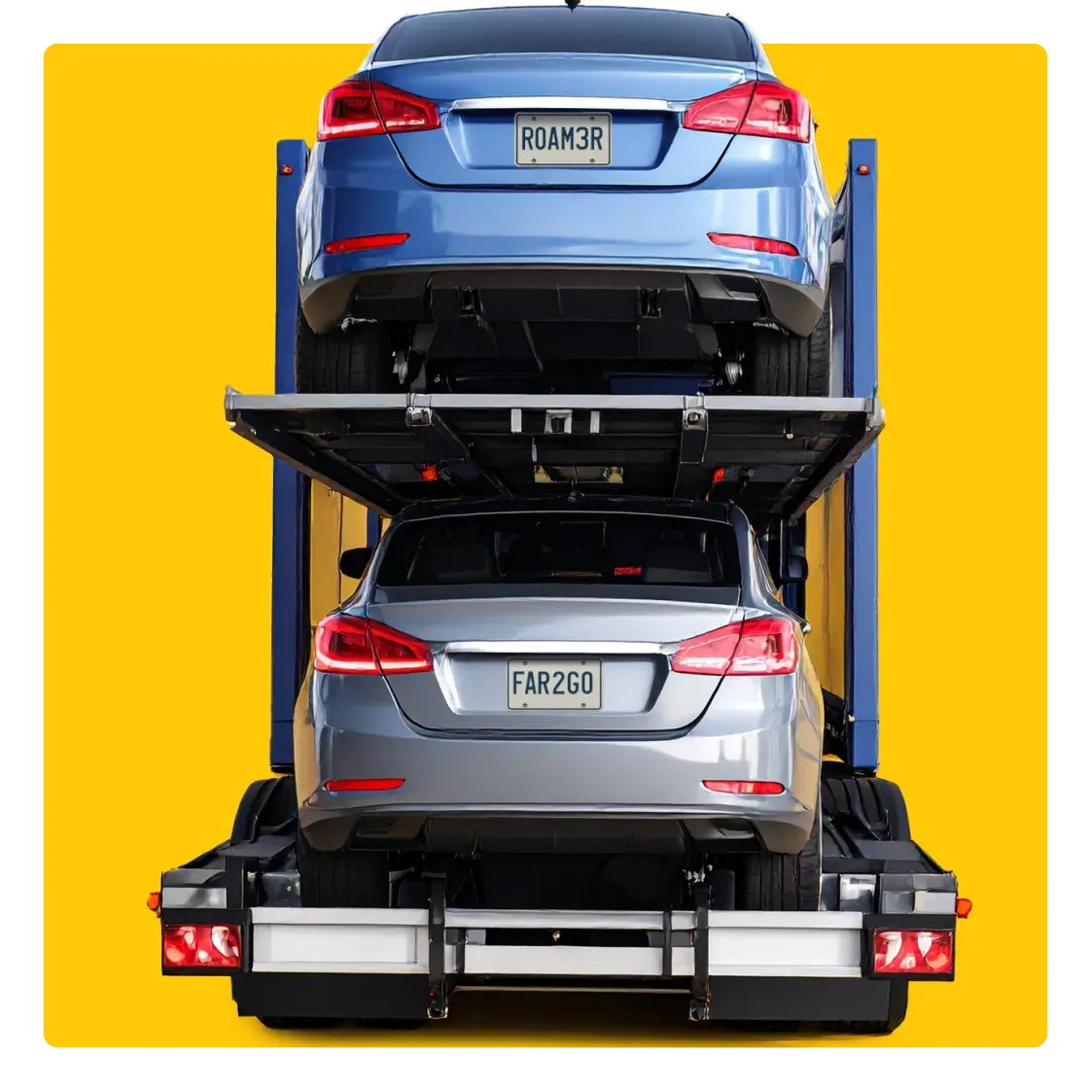 Rear view of two silver sedans loaded onto an AnyVan car shipping trailer with novelty license plates “ROAM3R” and “FAR2GO,” ideal for long-distance auto transport across the U.S.